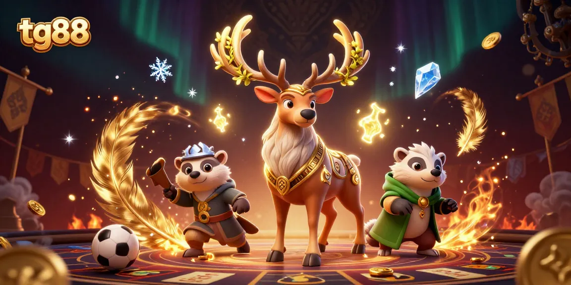 Tg88 sports betting scene with a Celtic stag and wise badger surrounded by vibrant game elements.