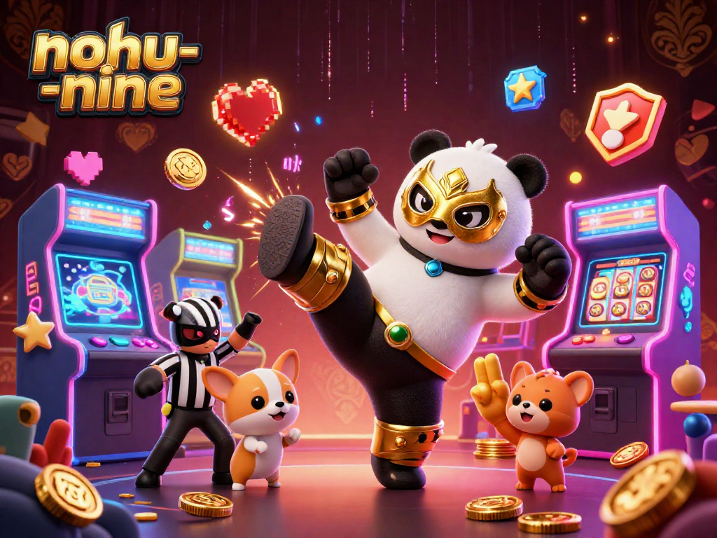 Experience the excitement of nohu-nine with a panda and chihuahua in a vibrant casino scene.
