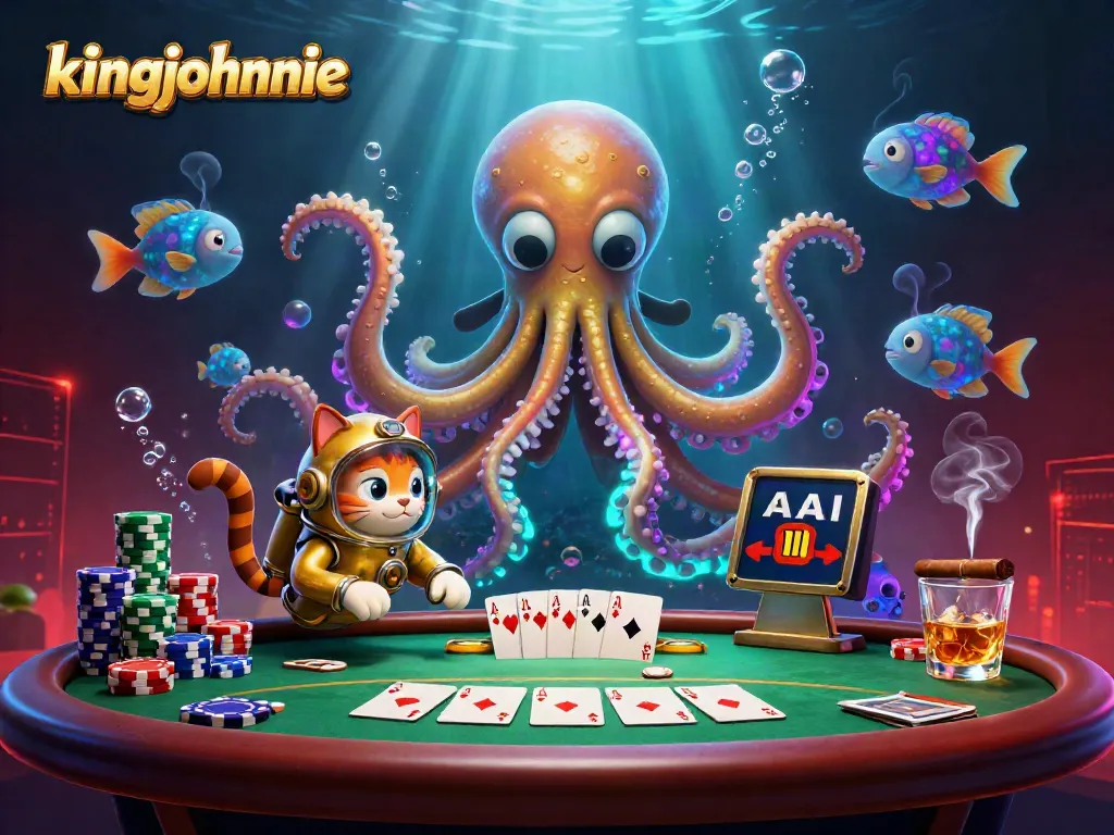 Engage in the thrills at kingjohnnie with a vibrant scene of a kraken, diving cat, and poker elements.