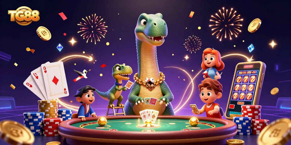 Experience exhilarating gaming at TG88 with a daring dinosaur, dynamic card dealing, and vibrant casino excitement.