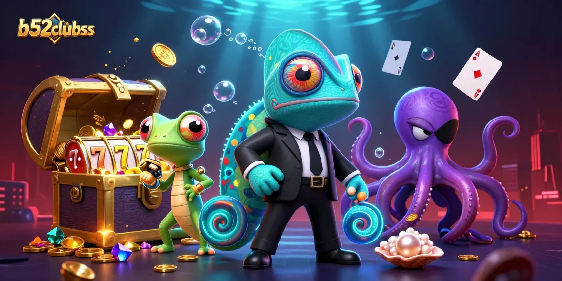 Engage with b52clubss at the vibrant casino scene featuring slot games, colorful characters, and underwater treasure.