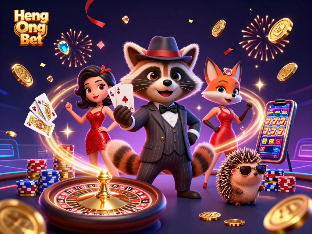 Engage in thrilling gameplay at Heng Ong Bet with raccoon, fox, and hedgehog celebrating a winning hand!
