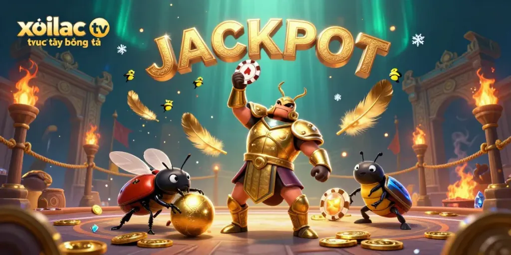 Xoilac tv trực tiếp bóng đá showcases a victorious beetle in armor, surrounded by dynamic gambling elements.