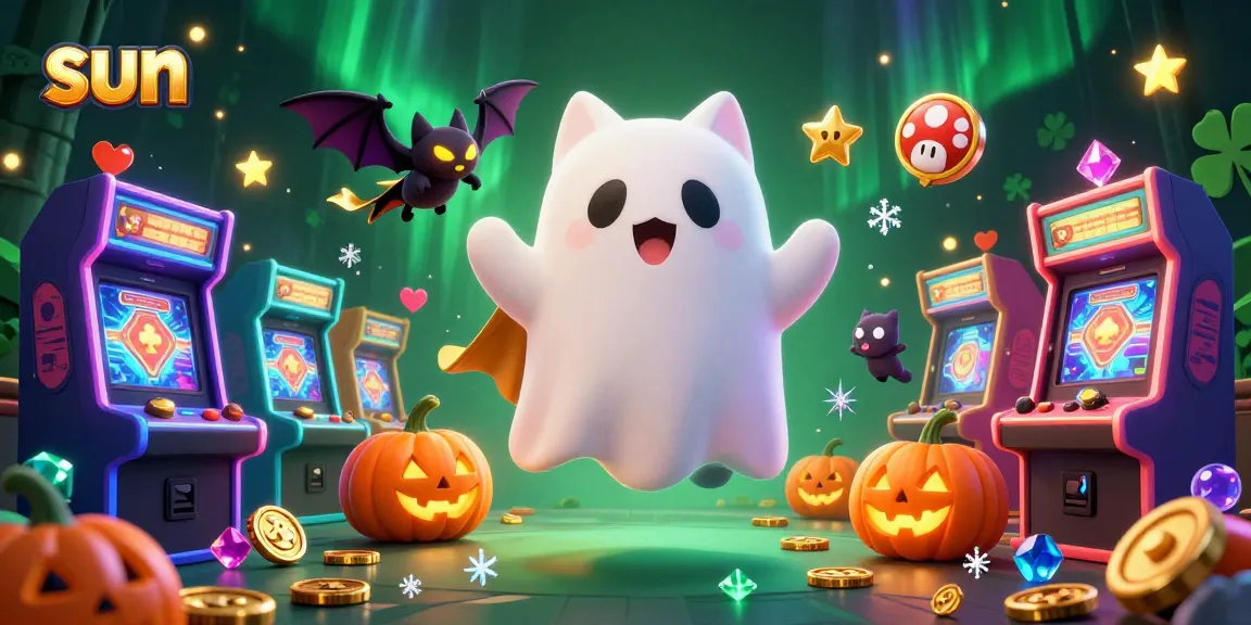 Play slots with a friendly ghost cat in a haunted casino setting filled with vibrant gaming elements.