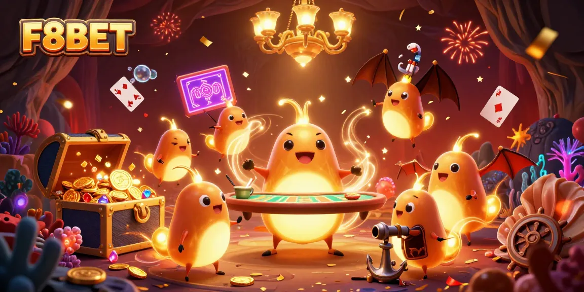 Experience thrilling gameplay with F8BET in a vibrant casino scene filled with glowworms and treasures.