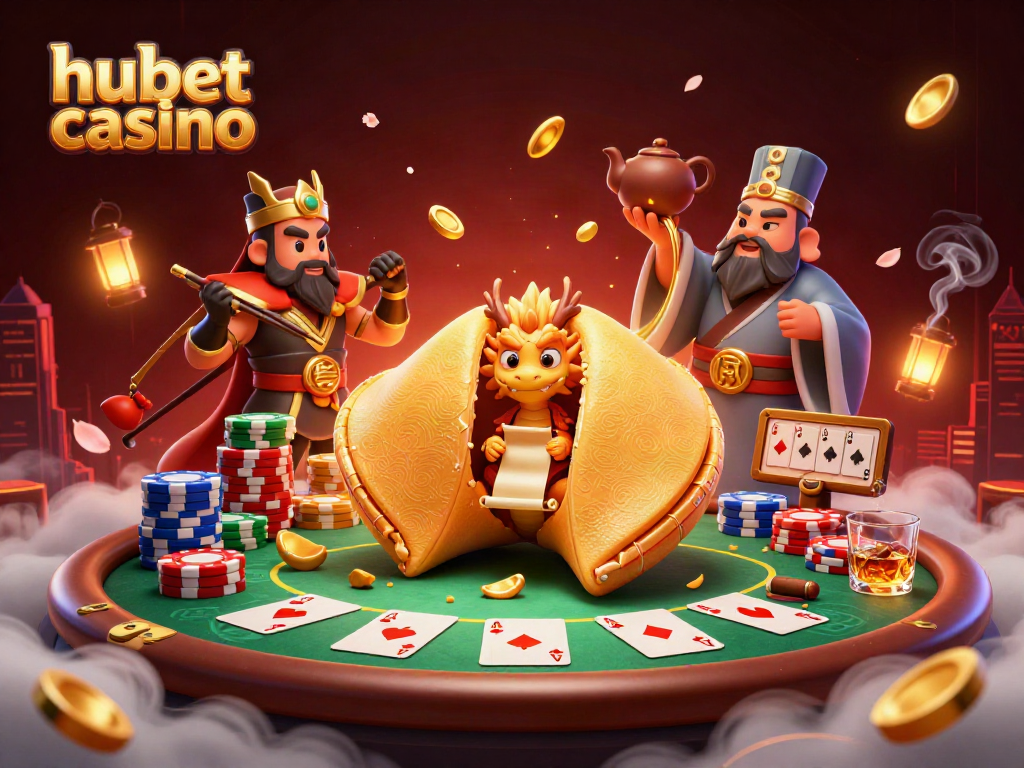 Engage with the vibrant hubet casino scene, featuring a magical golden fortune cookie and dynamic poker elements.