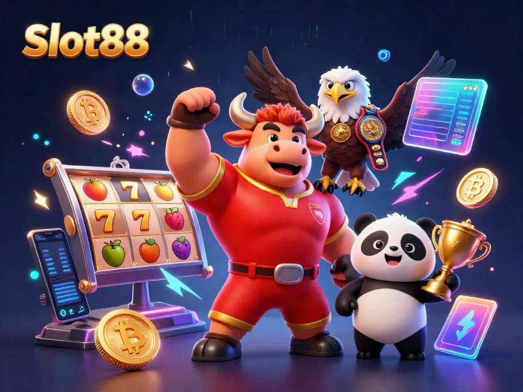 Experience thrilling wins with Slot88 at an exciting online casino setting filled with vibrant characters and game elements.