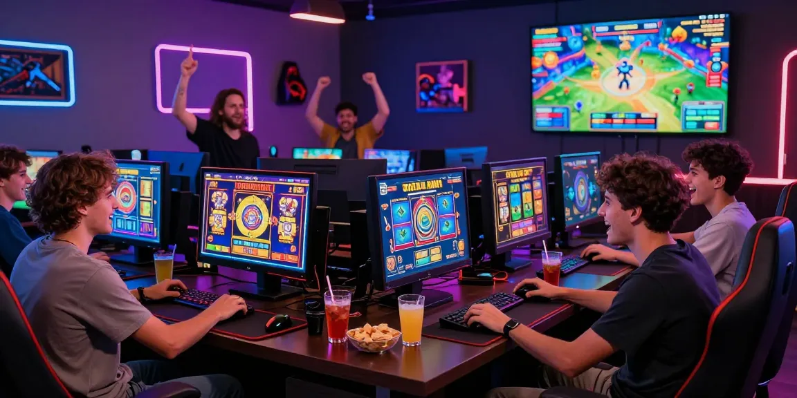 Engaged friends enjoying situs raja gaming experience at modern gaming lounge.