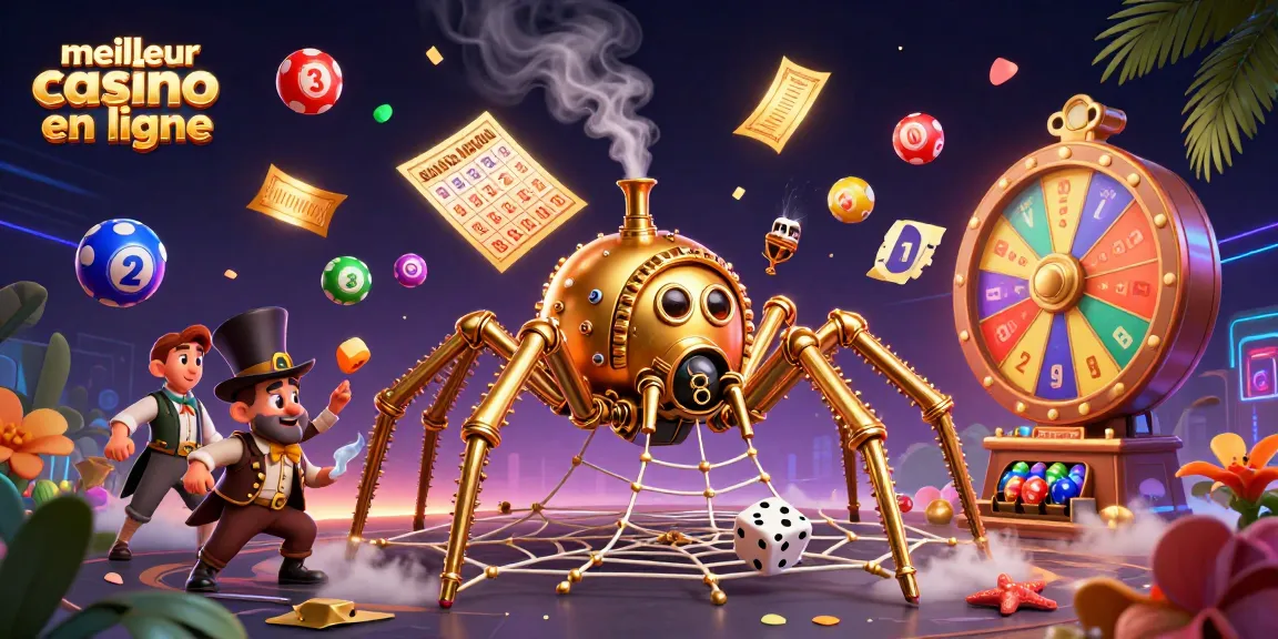Jouez à votre meilleur casino en ligne avec une araignée d'or sympathique capturant des dés malchanceux dans un décor vibrant.