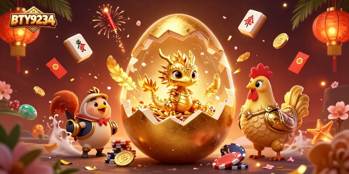 Engage with BTY9234's golden dragon treasure amid poker chips and festive casino elements.