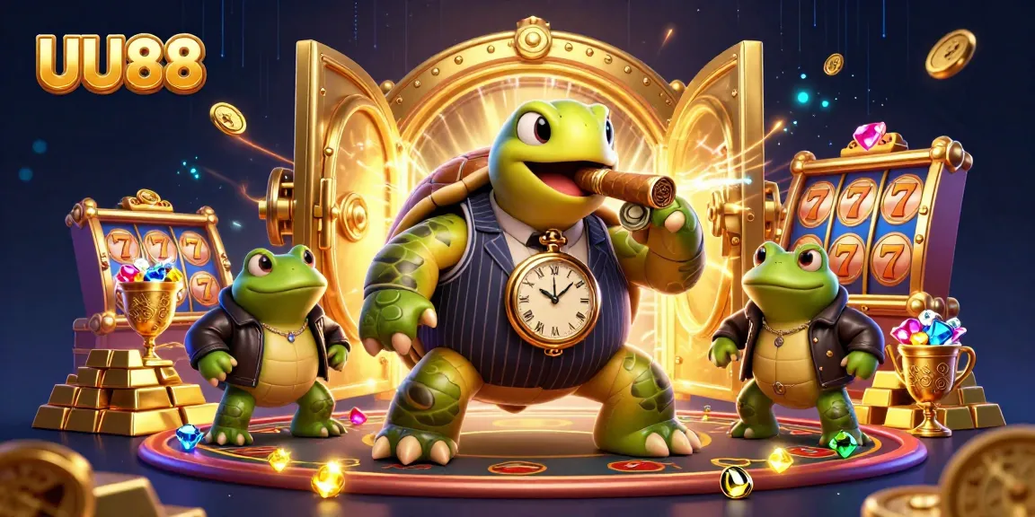 Experience the thrill of UU88 with a vibrant casino scene featuring a mobster turtle surrounded by riches.