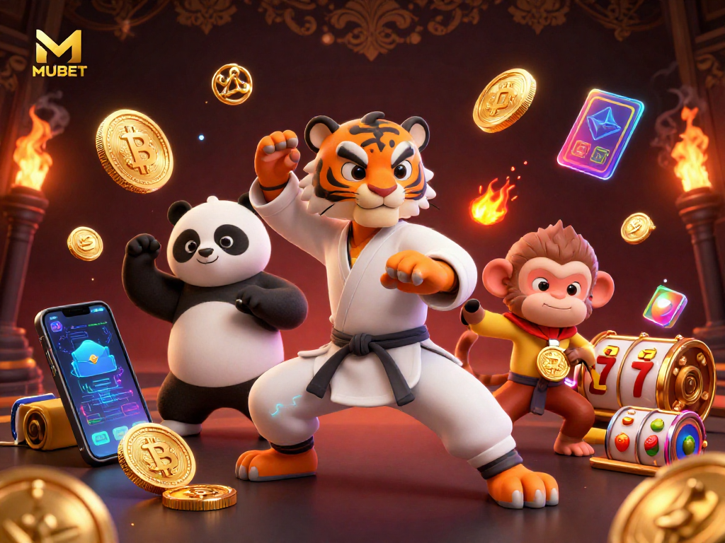 MUBET showcases a vibrant casino scene with kung fu characters and cryptocurrency elements.