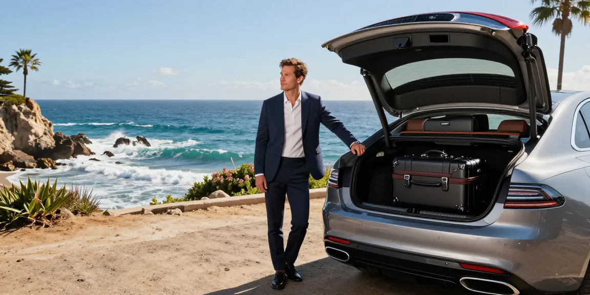 Pengemudi LUXURY 777 berdiri di samping mobil mewah di tepi pantai, pemandangan indah dengan cahaya alami.