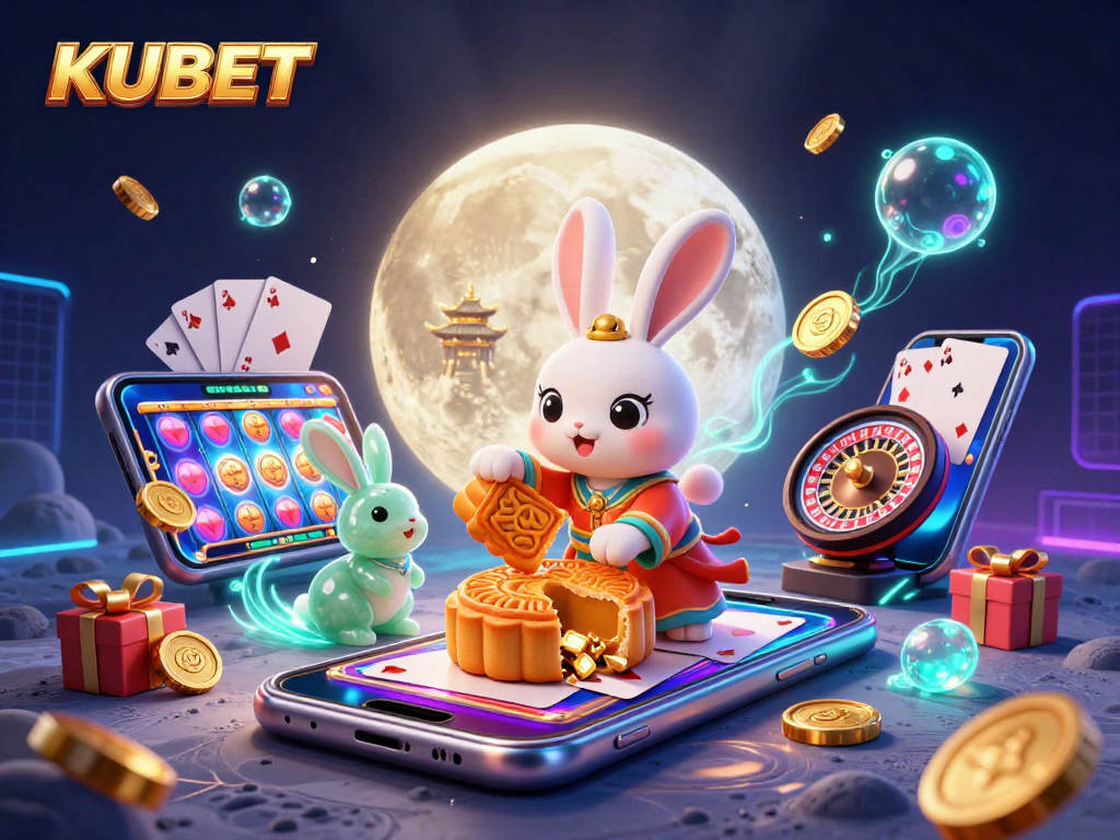 KUBET players enjoy vibrant moon rabbit gaming scene with poker chips and slot machines.