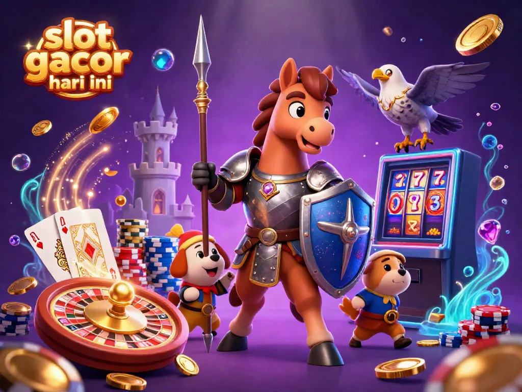 Menang di slot gacor hari ini dengan karakter menarik dan elemen permainan kasino yang penuh warna.