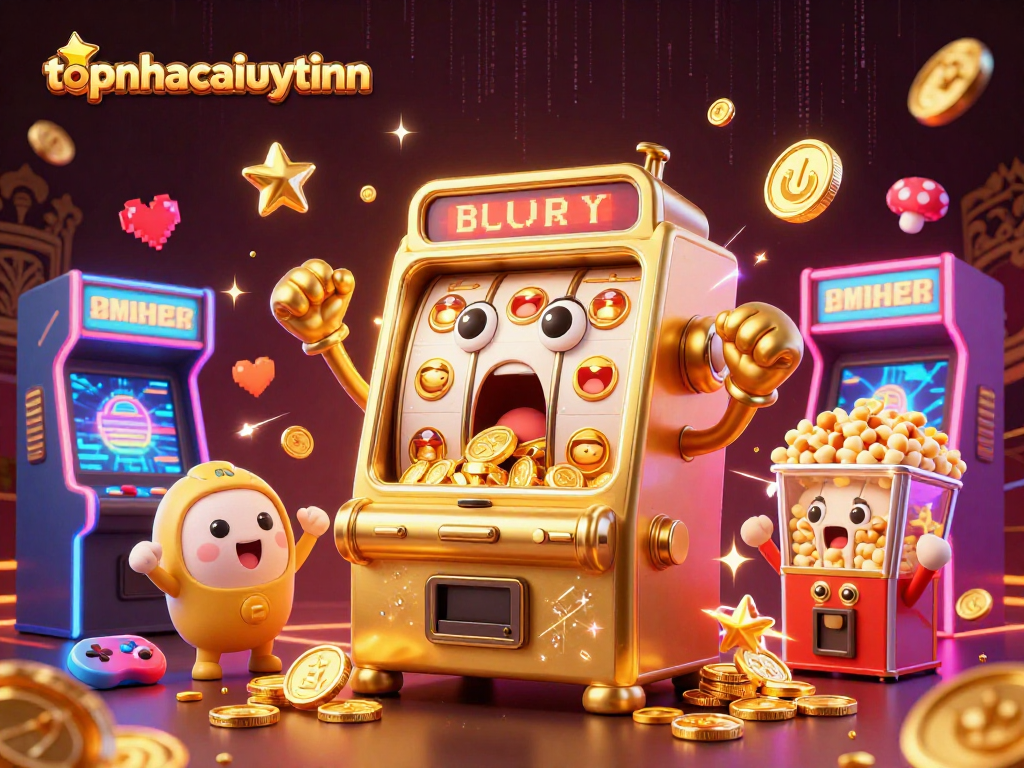 topnhacaiuytinn showcases a vibrant 3D cartoon scene of a golden slot machine hitting a jackpot.
