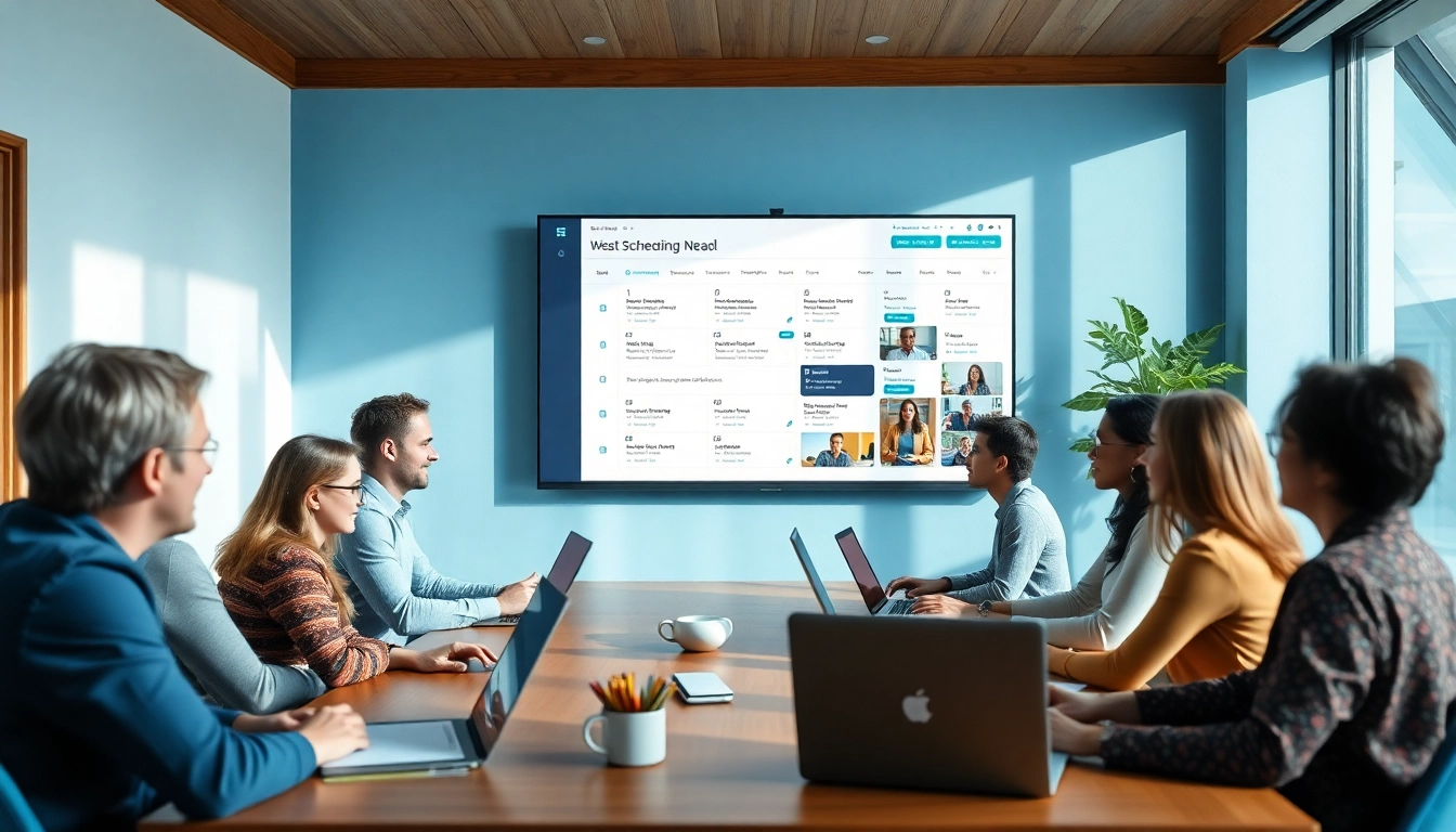 Never miss a meeting scheduling tool showcased in a collaborative workspace with diverse team members.