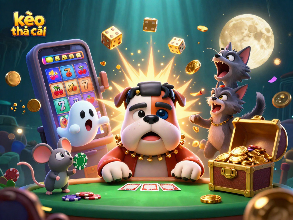 Engage with the lively scene featuring kèo nhà cái, cartoon characters, and exciting casino elements.