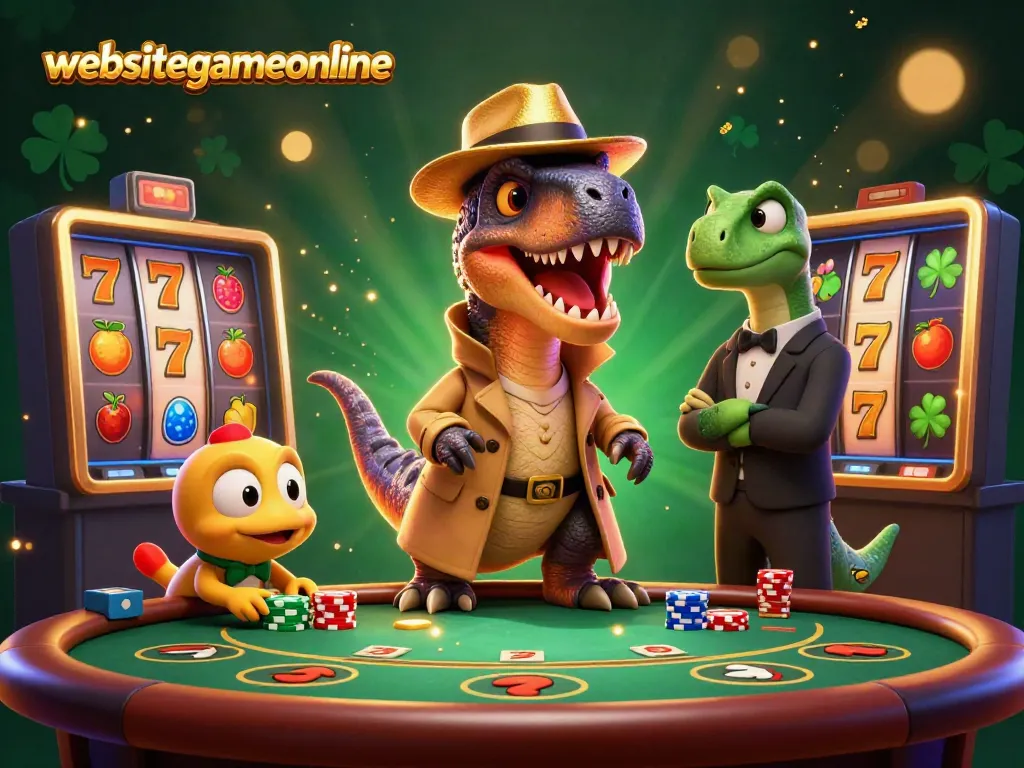 Experience thrilling action at websitegameonline with a velociraptor card counter, slot reels, and exciting characters.