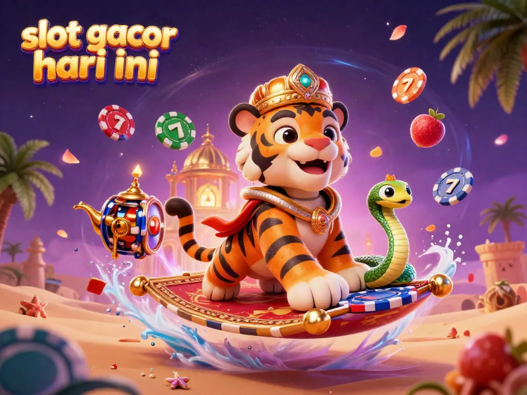 Experience thrilling wins with 'slot gacor hari ini', showcasing vibrant 3D casino imagery and exciting game elements.