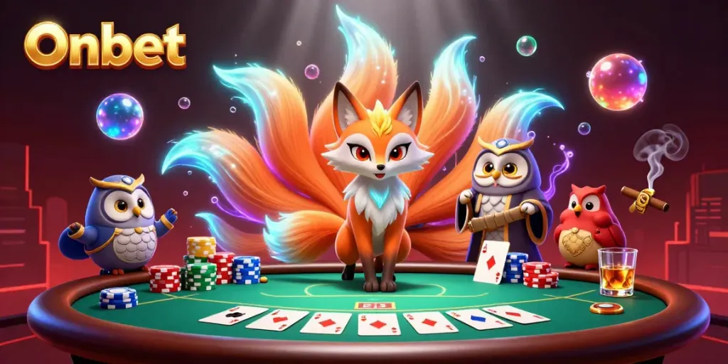 Experience thrilling gaming action at Onbet with vibrant casino scene featuring poker elements and magical characters.