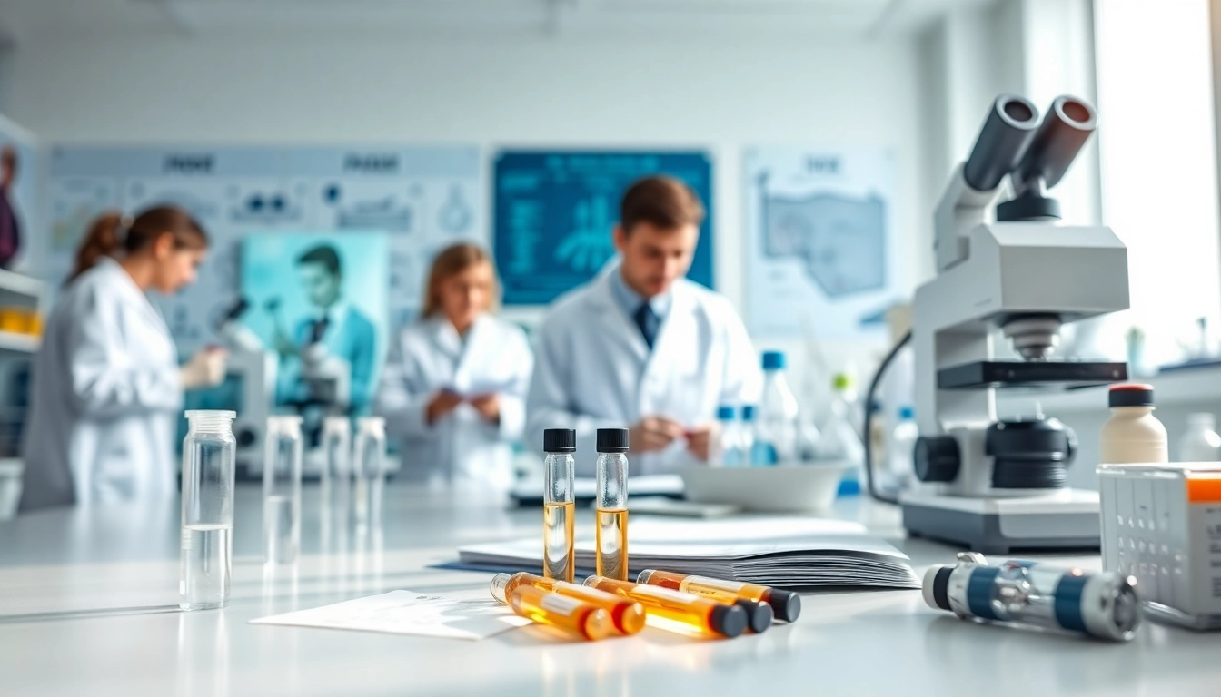 Mile high compounds showcased in a professional lab setting with scientists and peptide research.