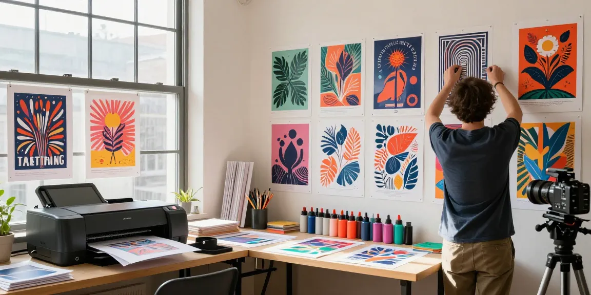 Vibrant custom poster printing display showcasing creative designs and printing tools.