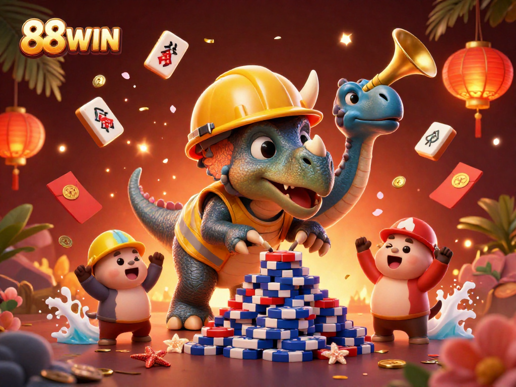 Celebrate winning with 88WIN as triceratops build poker chip pyramid in a vibrant casino scene.