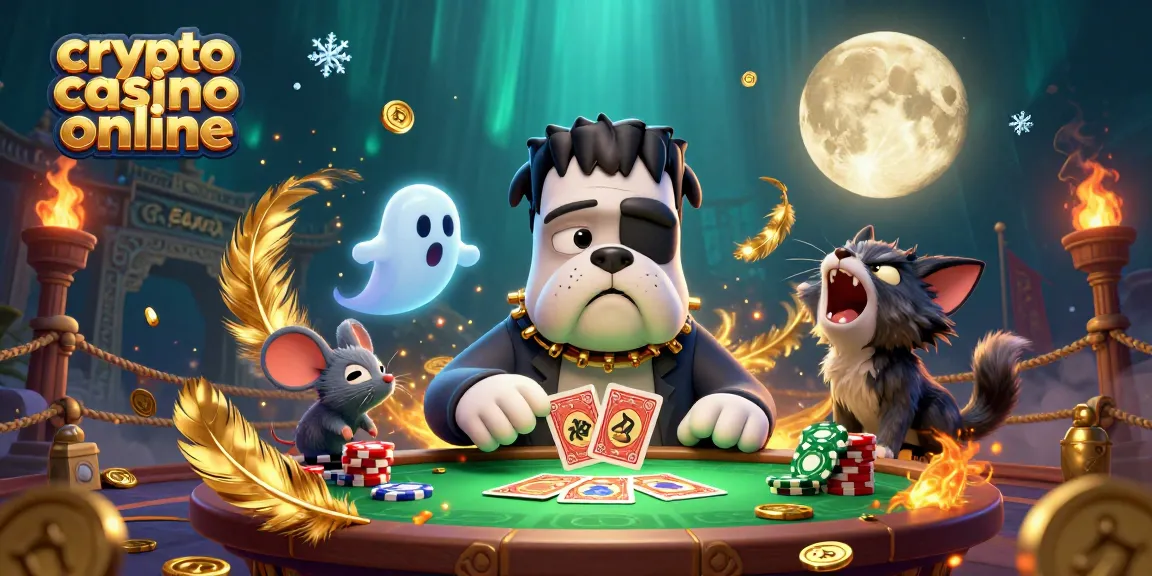 Gioca in un crypto casino online: un cane Frankenstein e un gatto lupo alle prese con le carte e monete d'oro.