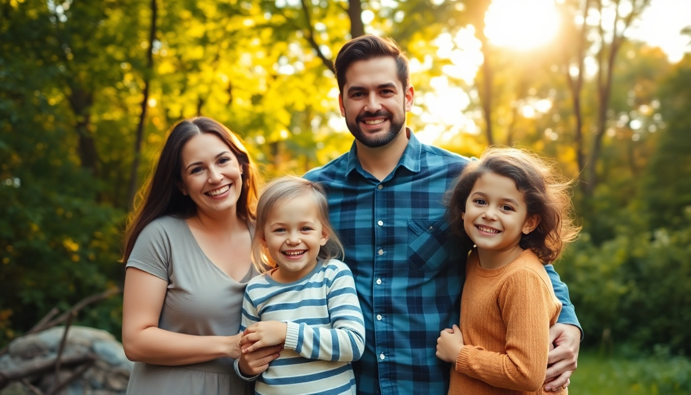 Family photographer Woodstock Ontario capturing a joyful family portrait outdoors in lush greenery.