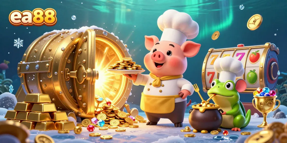 Engage with ea88's vibrant casino scene featuring a chef pig, sous-chef mouse, and critic frog surrounded by slot reels and gold treasures.