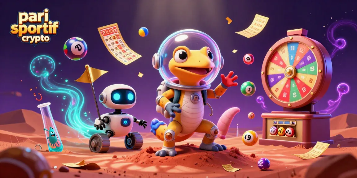 Pari sportif crypto : mise en avant d'une scène dynamique avec un gecko martien découvrant un casino en or.