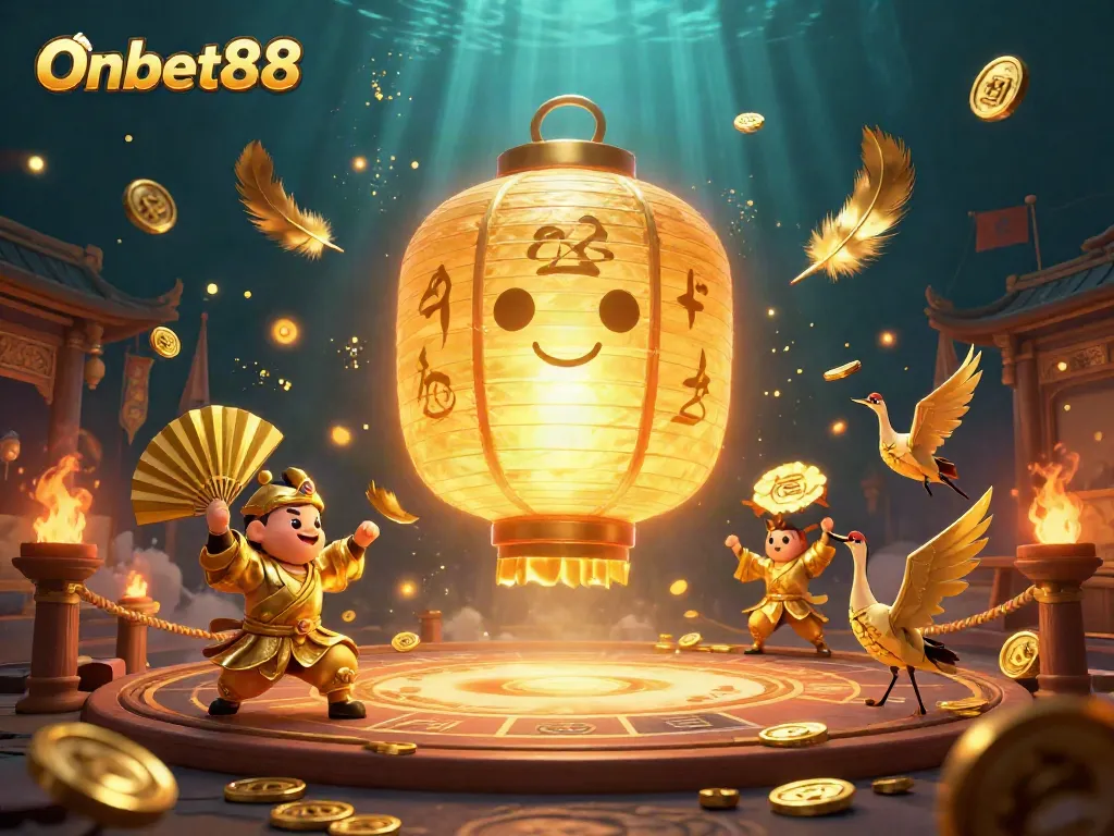 Experience thrilling excitement at Onbet88's vibrant casino, featuring animated golden lanterns and dynamic warriors.