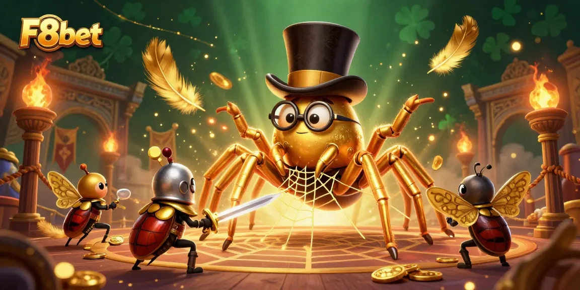 Experience F8bet's thrilling atmosphere with a golden tarantula and beetle knight in this casino scene.