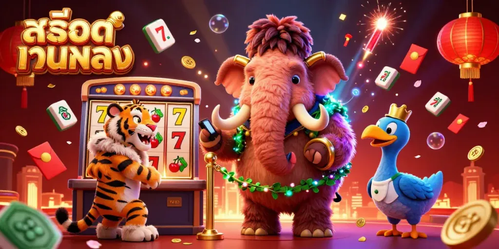 Experience thrilling action in a vibrant สล็อตเว็บตรง casino with classic symbols and energetic characters.