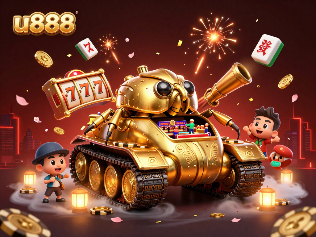 u888's interactive casino scene features a golden beetle tank, confetti cannons, and vibrant game elements.