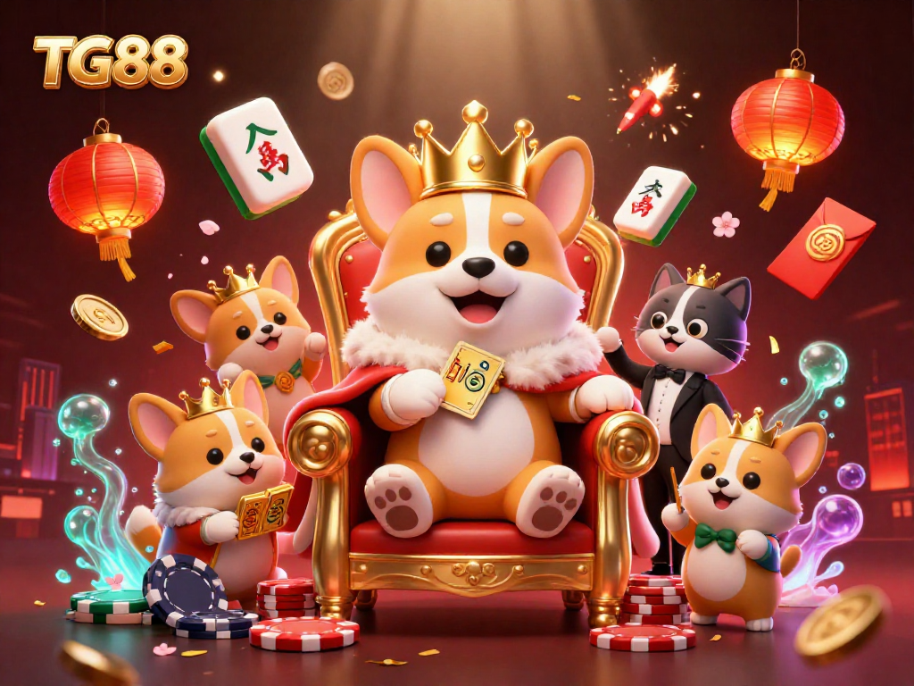Engage with TG88's vibrant betting landscape showcasing royal corgi characters in a dynamic casino scene.