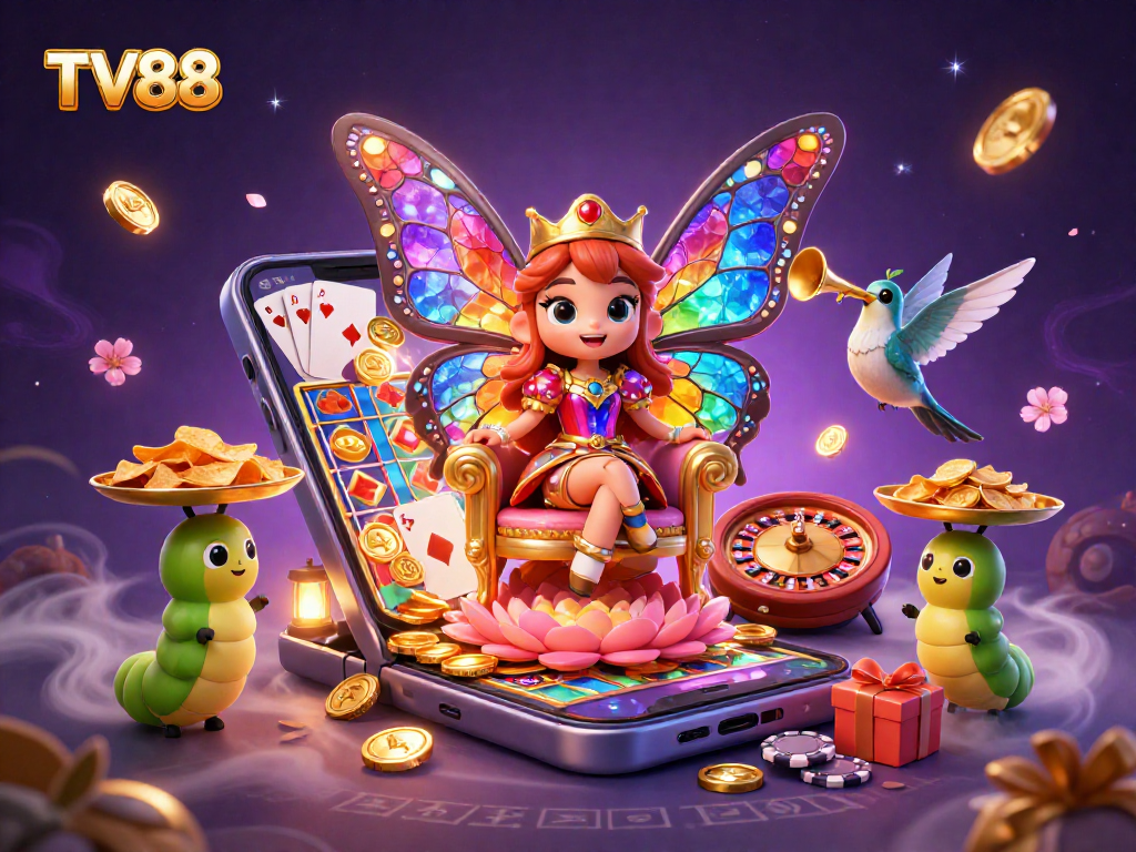 Spin winning reels with TV88's vibrant casino scene featuring animated characters and gaming elements.