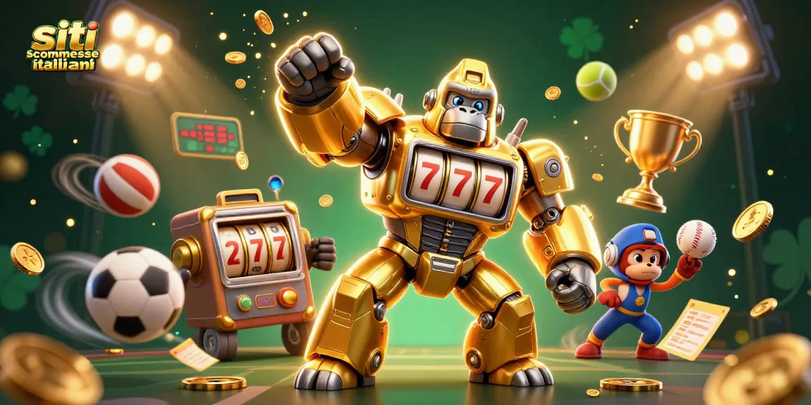 Scommetti sui siti scommesse italiani con la gorilla mech dorata che esplode di gettoni e sportivi, un'illustrazione avvincente.
