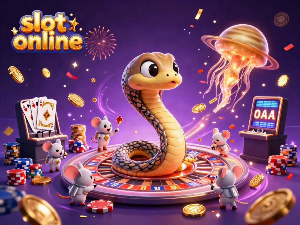 Experience exhilarating slot online action with a cosmic scene of a Saturn ring snake, astronaut mice, and a golden jellyfish dealer.