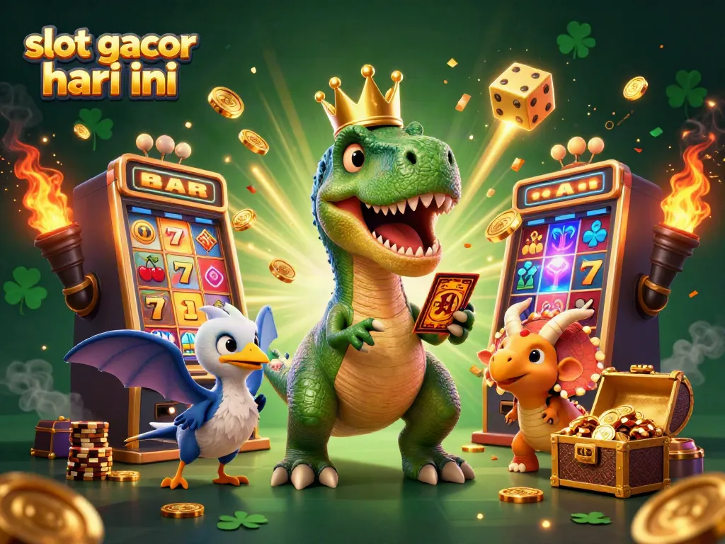 Experience thrilling wins with slot gacor hari ini, featuring colorful characters and slot games in an exciting casino scene.