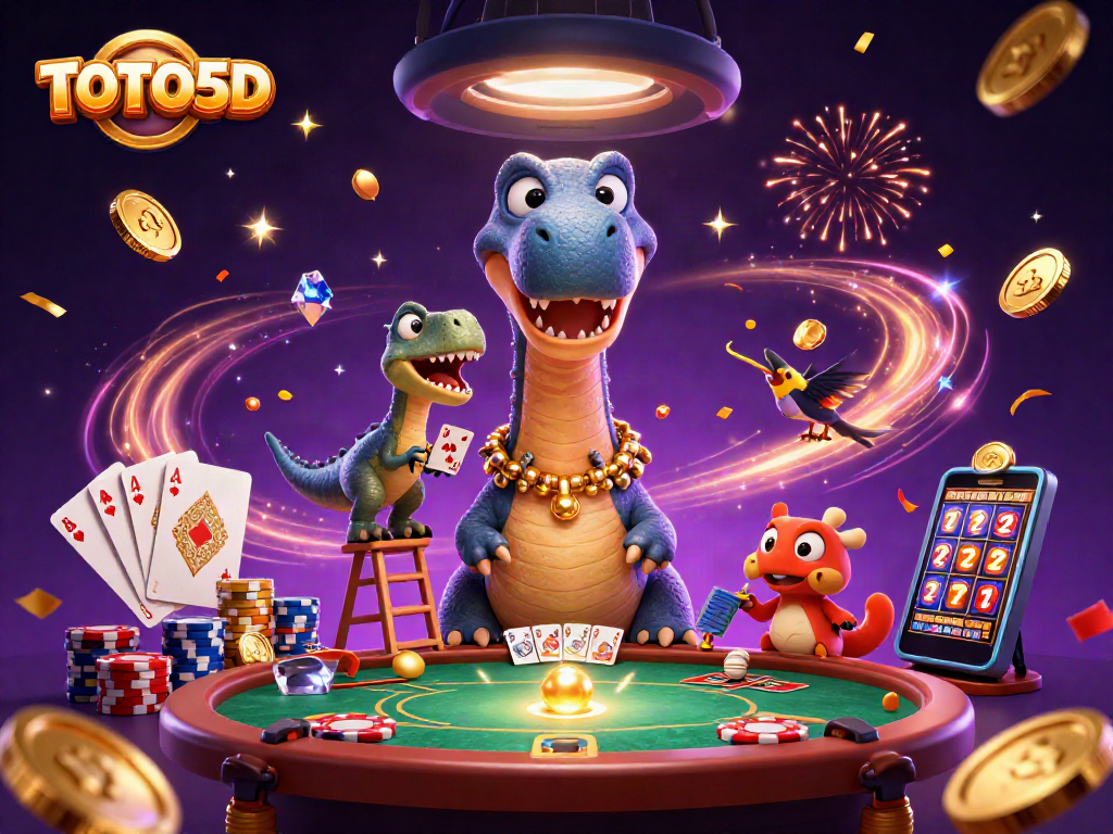 Experience the thrill of TOTO5D lottery drawings with a lively casino scene and vibrant characters.