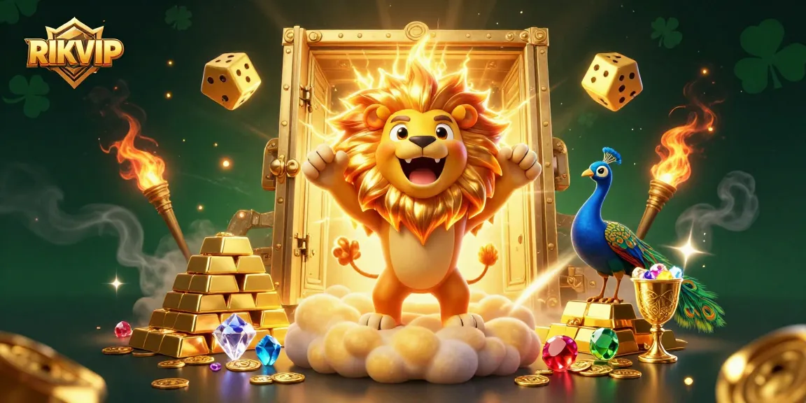 Experience the thrilling adventure of RIKVIP with vibrant visuals and golden treasures in this 3D casino illustration.