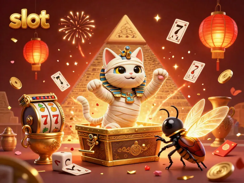 Engaging scene of a slot-themed pyramid casino featuring a mummy cat, glowing scarab, and playing cards.