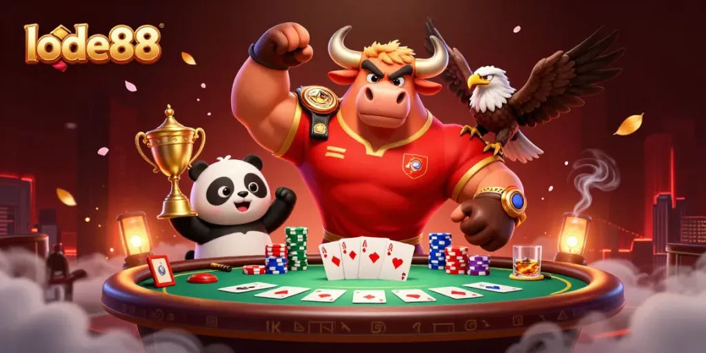 lode88 offers a vibrant casino experience with a dynamic poker scene featuring jubilant characters.