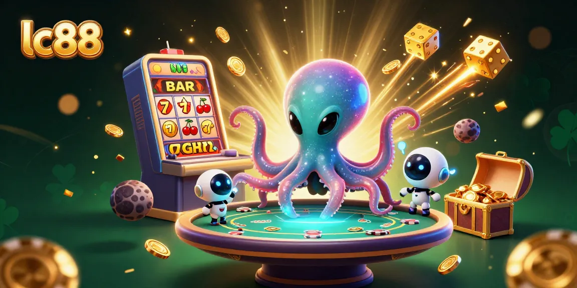 Experience the excitement of lc88 with a playful alien octopus operating a holographic poker table amidst dazzling casino elements.