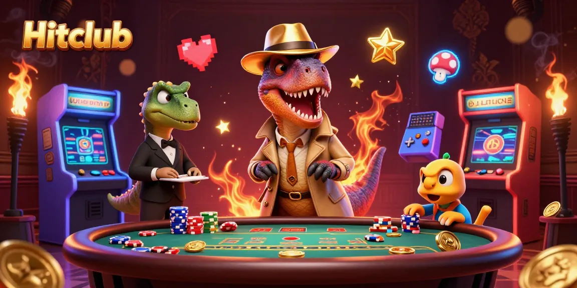 Hitclub energizes gameplay by showcasing a velociraptor card counter in a vibrant 3D casino scene.
