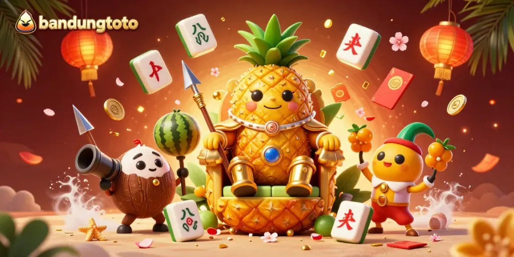 Experience the excitement of bandungtoto with a vibrant 3D illustration featuring a pineapple king and casino elements.
