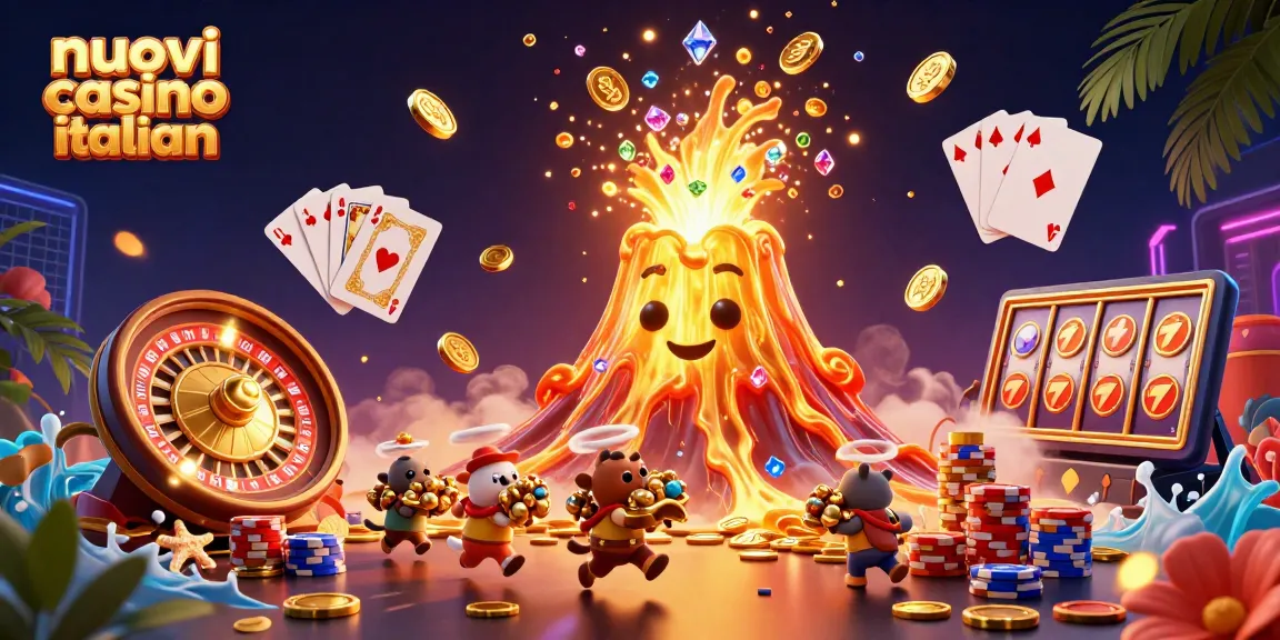 I nuovi casino italiani presentano un vulcano d'oro con tesori in un'illustrazione vibrante.