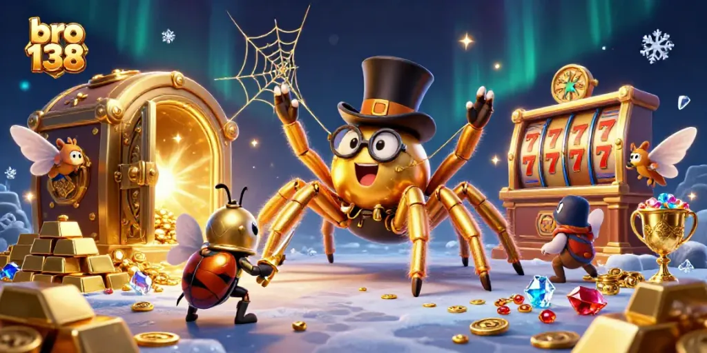 Engage with bro 138's vibrant casino world featuring a golden tarantula and beetle knight in an exciting gaming scene.